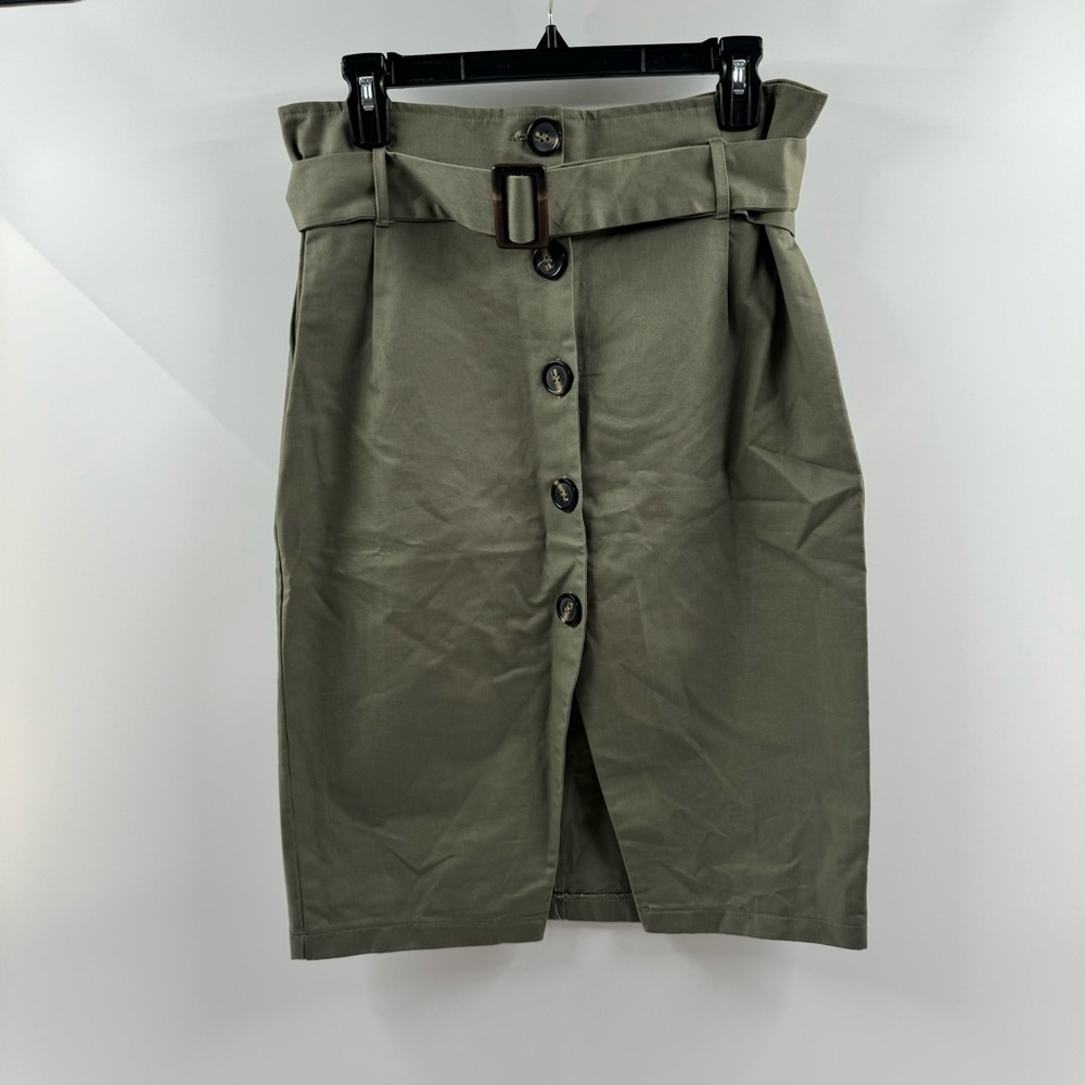 High-Waist Olive Green Pencil Skirt with Belt